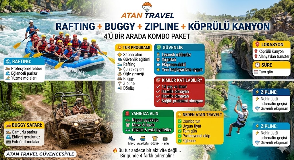 RAFTING + BUGGY + ZIPLINE + KÖPRÜLÜ KANYON TURU KOMBO PAKET